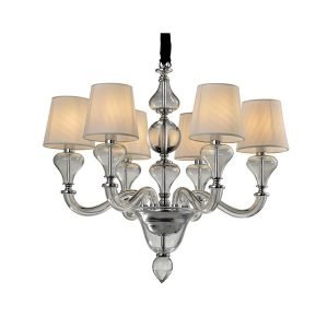Clear Blown Glass Chandelier with Traditional White Fabric Shades
