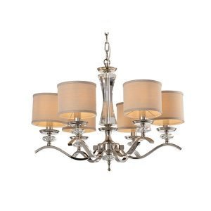 Chrome & Crystal Chandelier With Six Round Fabric Shades