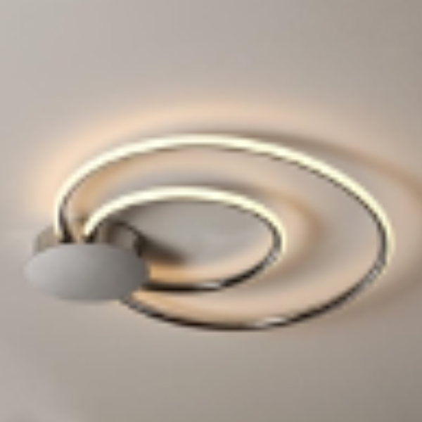A modern LED ceiling light with two rings and bright white light emitting from satin chrome