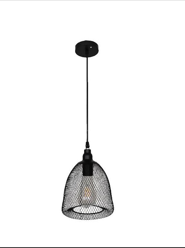 A black mesh pendant light with a black base.