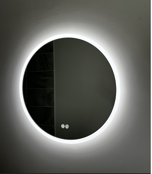 600mm round LED bathroom mirror illuminated with cool white glow