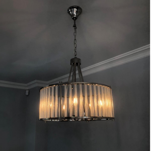 modern chandelier with chrome frame and ribbed glass bars