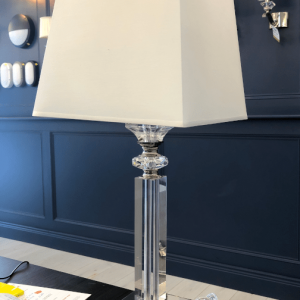 clear crystal table lamp with white fabric shade