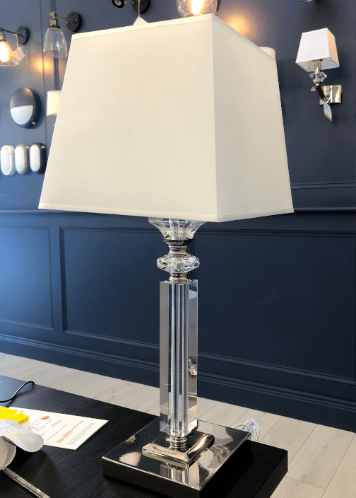 clear crystal table lamp with white fabric shade