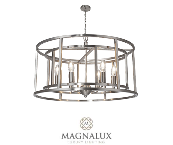 6 light pendant in a polished chrome finish cage design