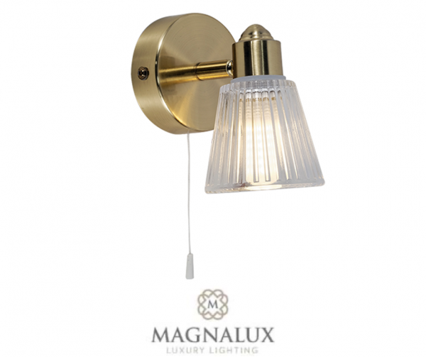 Brass Wall Light With Clear Ribbed Glass Shade With Pull Chord
