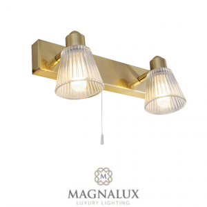 brass wall light with 2 clear ribbed glass pyramid shades