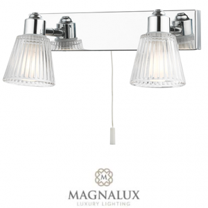 double wall light in chrome with ribbed clear glass pyramid shades