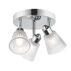 three bathroom ceiling lights illuminated with a polished chrome finish and clear ribbed glass design