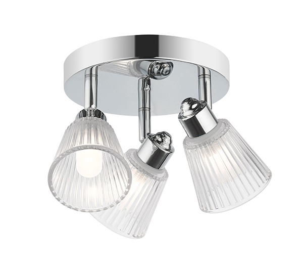 three bathroom ceiling lights illuminated with a polished chrome finish and clear ribbed glass design