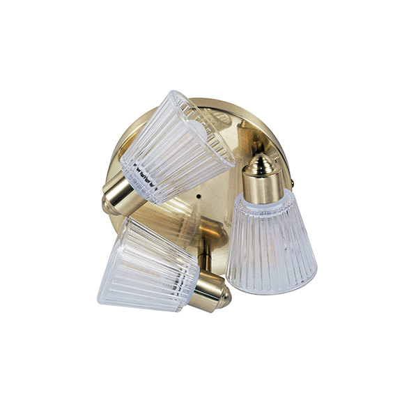 three ribbed glass bathroom ceiling lights in a satin brass finish