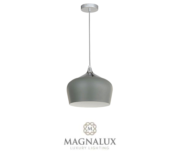 light grey pendant light fitting in grey metal dome shade