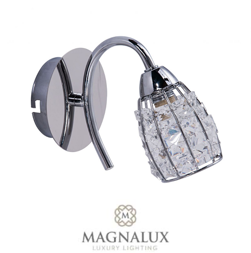 polished chrome wall light with an over-reaching arm and crystal decoration