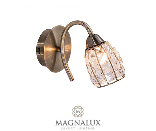 wall light in satin brass finish with clear crystal decoration