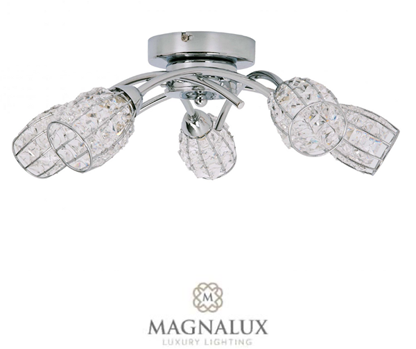 polished chrome flush ceiling light with 5 crystal shades