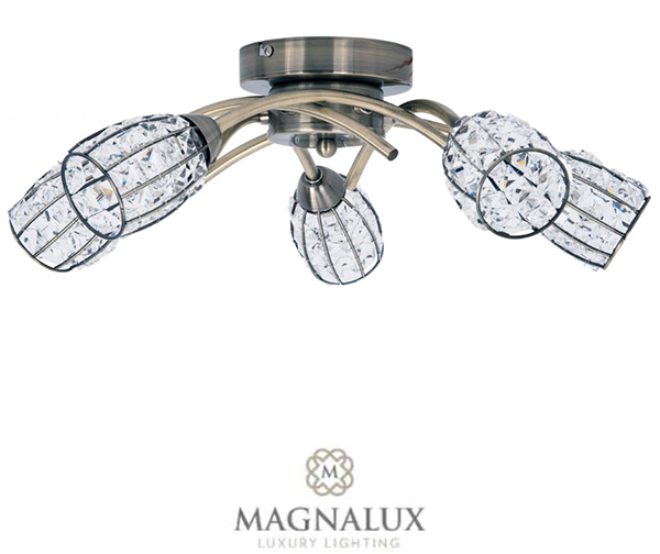 5 light flush ceiling light fitting with crystal shades that glimmer when illuminated