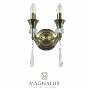 double wall light in brass with two candle bulbs and crystal elements