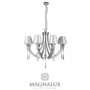 8 armed chrome chandelier with round white fabric shades