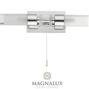 2 light bathroom wall light with diffused glass shades, a pull chord and a polished chrome finish