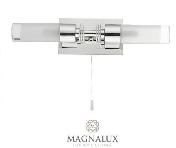 2 light bathroom wall light with diffused glass shades, a pull chord and a polished chrome finish