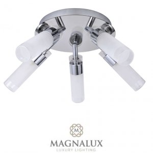 5 light bathroom ceiling light with diffused glass shades in a polished chrome finish