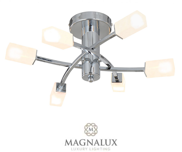 6 light ceiling light with diffused glass shades and polished chrome finish