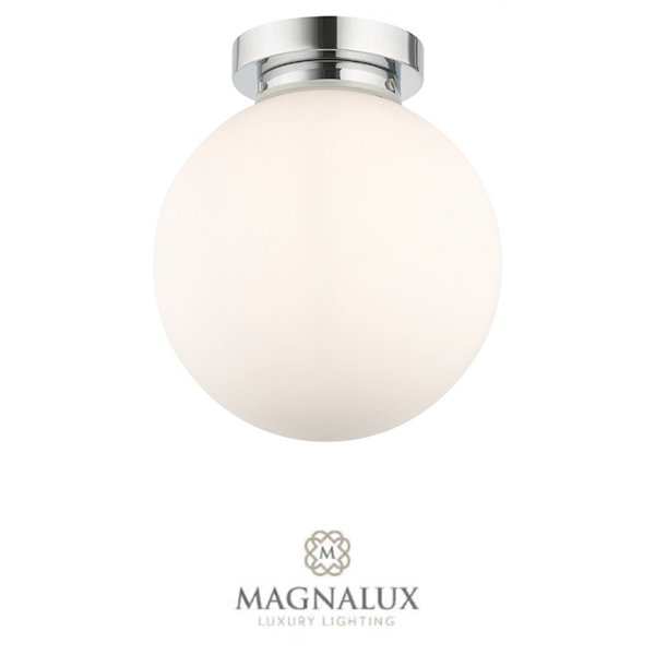 white glass spherical bathroom light with a polished chrome finish