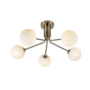 5 light antique brass ceiling light with white spherical shades
