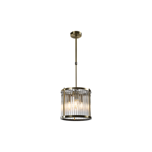 Crystal drum shaped pendant light with 3 lights in an antique brass finish