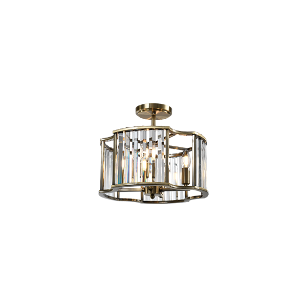 Antique brass semi-flush mounted ceiling light in a drum shape with crystal bars dispersed intermittently