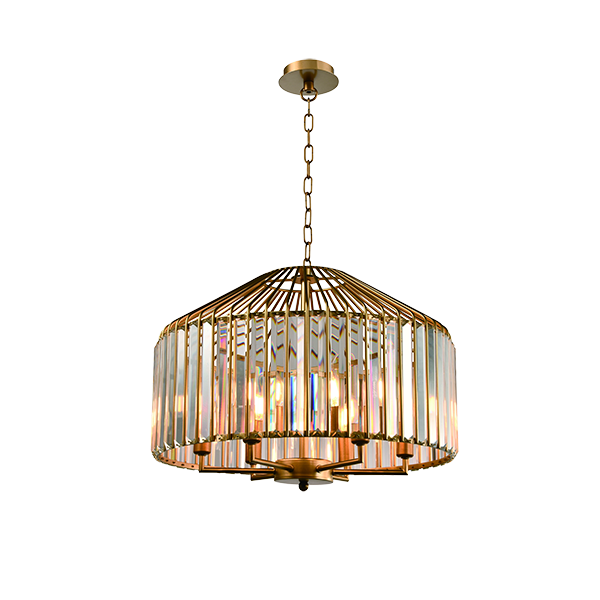 A 5 light crystal chandelier with antique brass frame