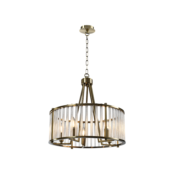 Crystal Bar drum shaped chandelier in an antique brass finish