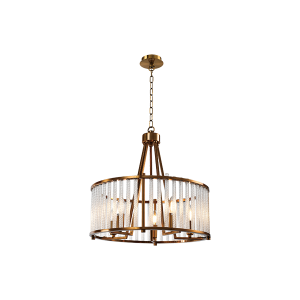 chandelier with ribbed clear crystal bars in a drum shape with antique brass frame