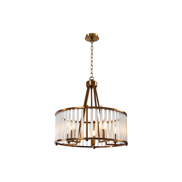chandelier with ribbed clear crystal bars in a drum shape with antique brass frame