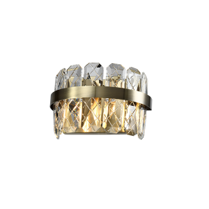 wall light with crystal faceted ovals in a row under an antique brass ring