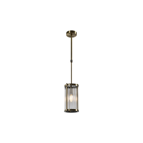 crystal bar drum shaped pendant with 1 light in an antique brass frame & finish