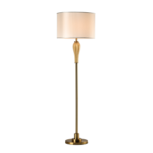 Modern brass finished floor lamp with a round fabric shade