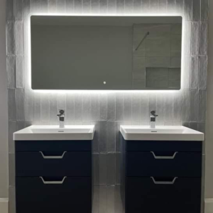 1400x700mm bluetooth landscape mirror placed above two sinks
